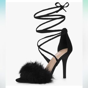 Black Fur Lace-Up Heels